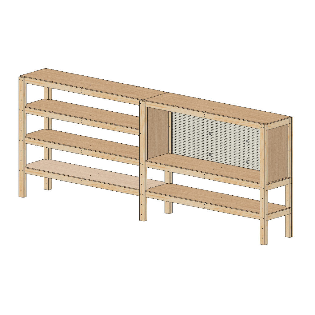angle view of storage shelves shown empty with work bench area