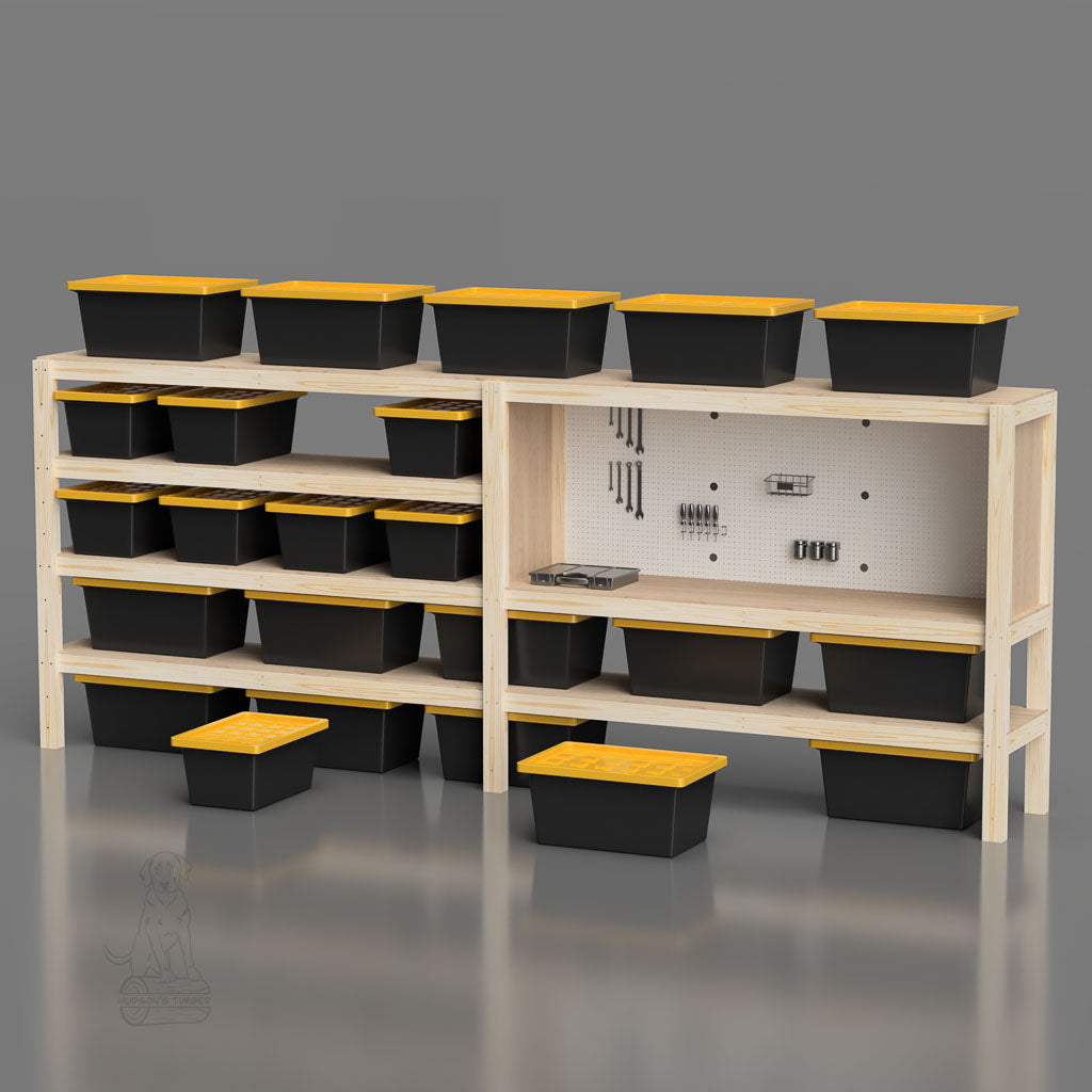 garage storage shelves with built in workbench and peg board back for hanging tools