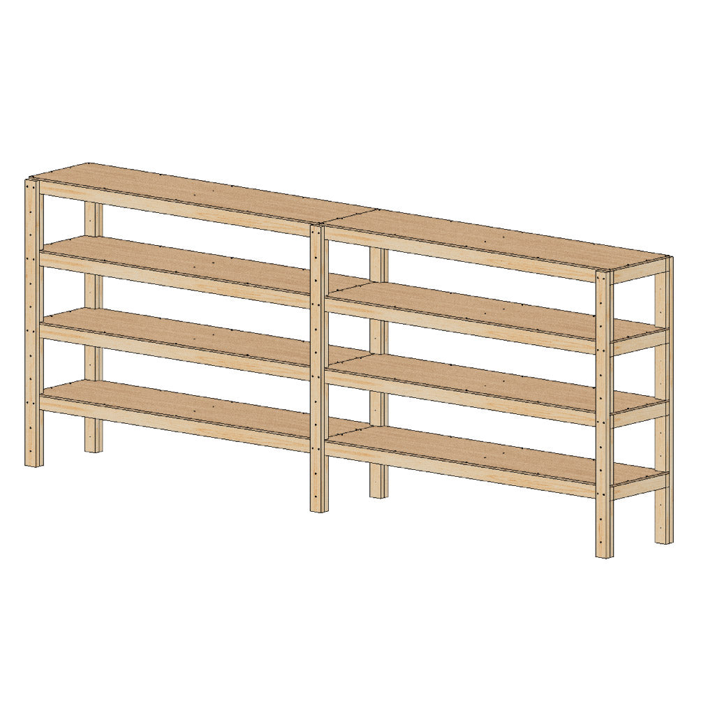cad view of 16 foot storage shelves, shown empty.