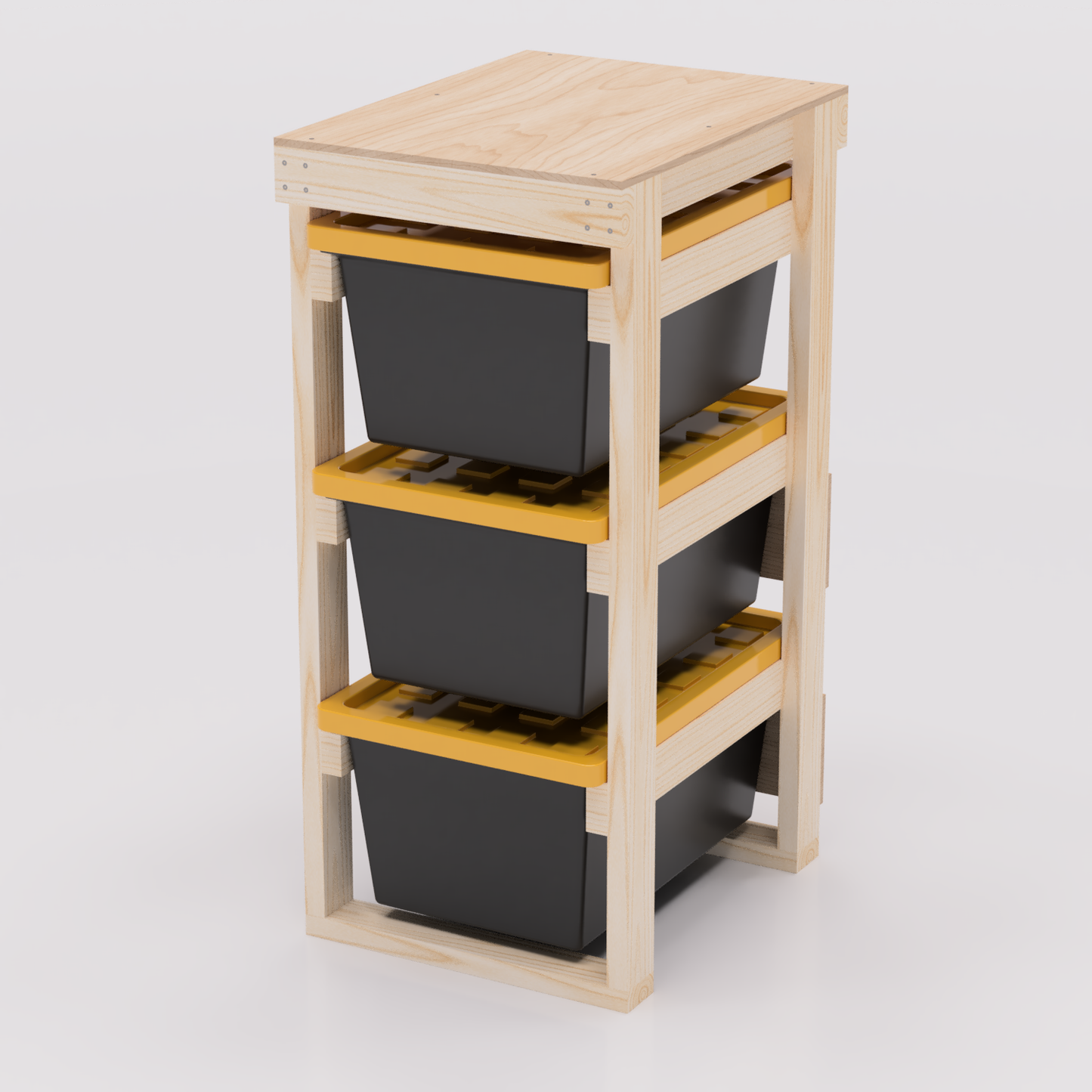 27 gallon tote storage rack plans for garage storage with shelf plans. Easy to assemble with basic tools. Plans are compatible with 27 gallon totes sold at lowes, sams club, home depot, costco, menards 1x3 model shown