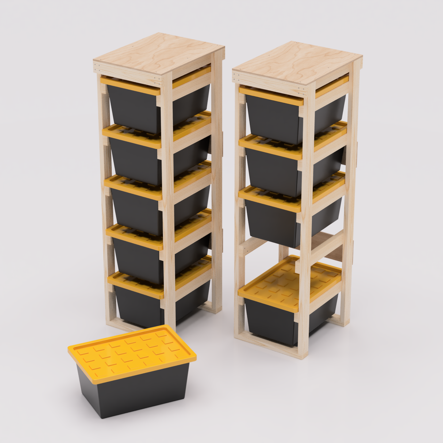 27 gallon tote storage rack plans for garage storage with shelf plans. Easy to assemble with basic tools. Plans are compatible with 27 gallon totes sold at lowes, sams club, home depot, costco, menards 1x5 model shown