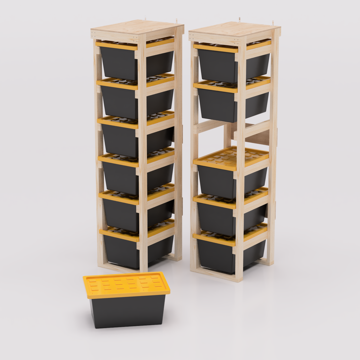 27 gallon tote storage rack plans for garage storage with shelf plans. Easy to assemble with basic tools. Plans are compatible with 27 gallon totes sold at lowes, sams club, home depot, costco, menards set of 2 1x6 models shown