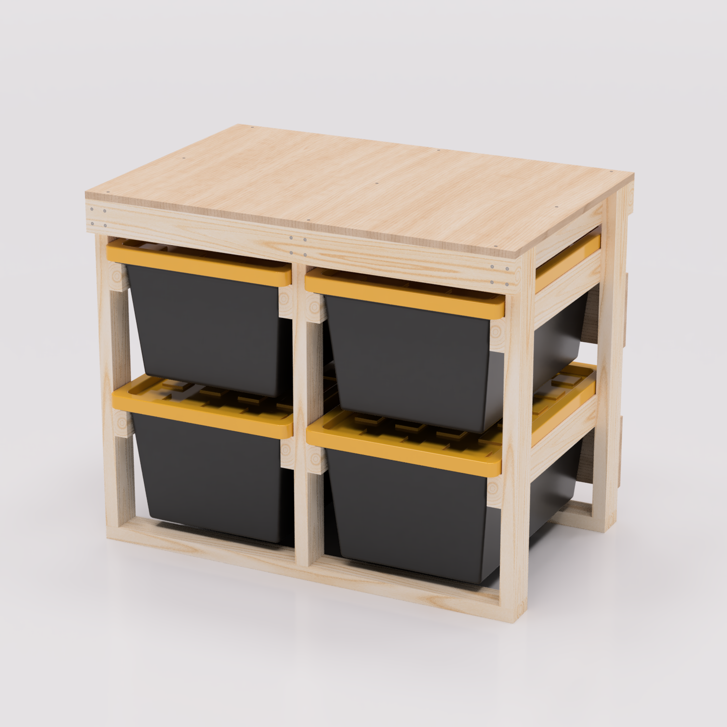 2x2 27 gallon tote storage workbench pdf plans that hold 4 totes. Compatible with most brands including Lowes, Home Depot, Costco, Sams, Menards, etc.