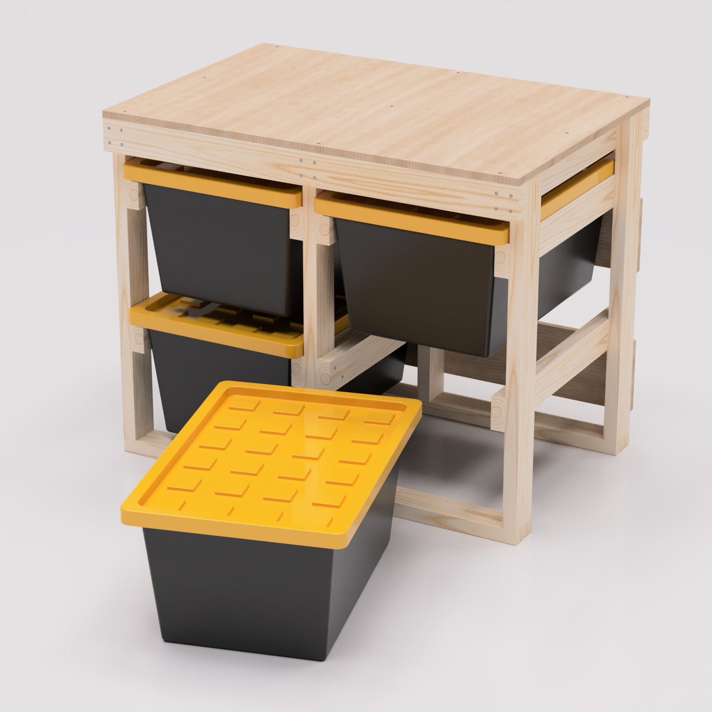 2x2 27 gallon tote storage workbench pdf plans that hold 4 totes. Compatible with most brands including Lowes, Home Depot, Costco, Sams, Menards, etc. Shown with one tote removed from workbench.