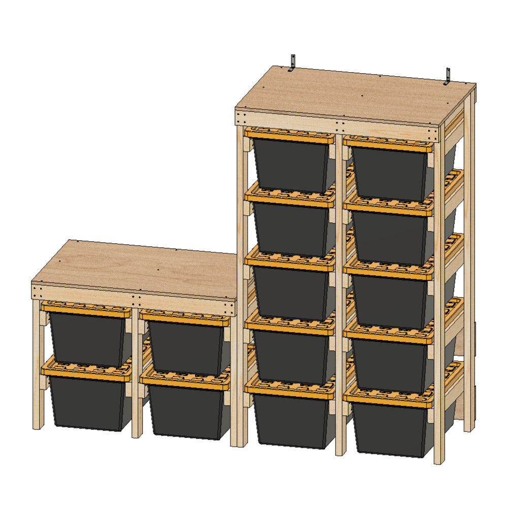 angle view of combo plan showing workbench and tote rack