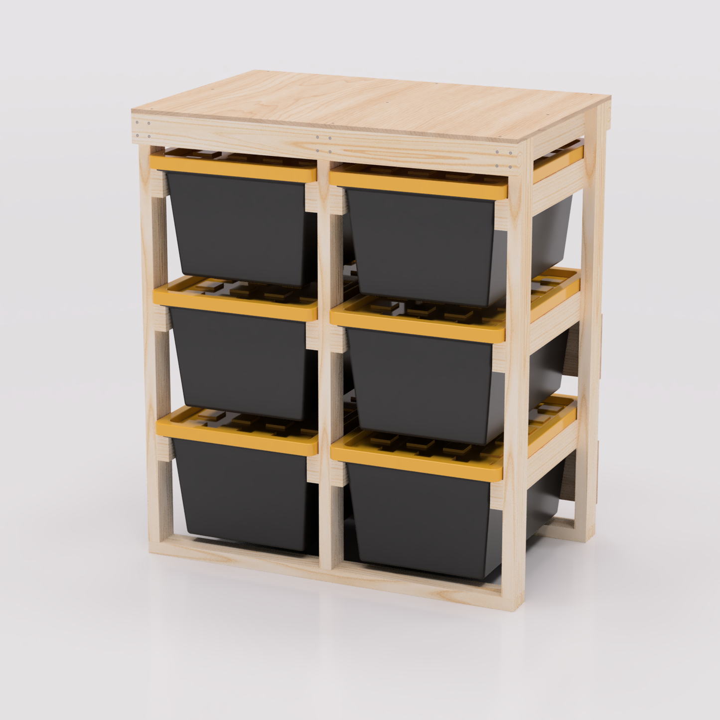 27 gallon tote storage rack plans for garage storage with shelf plans. Easy to assemble with basic tools. Plans are compatible with 27 gallon totes sold at lowes, sams club, home depot, costco, menards 2x3 model shown