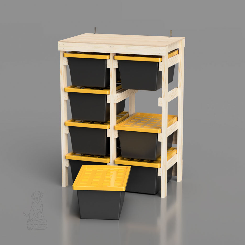 Front view of 27 gallon tote rack that holds 8 totes