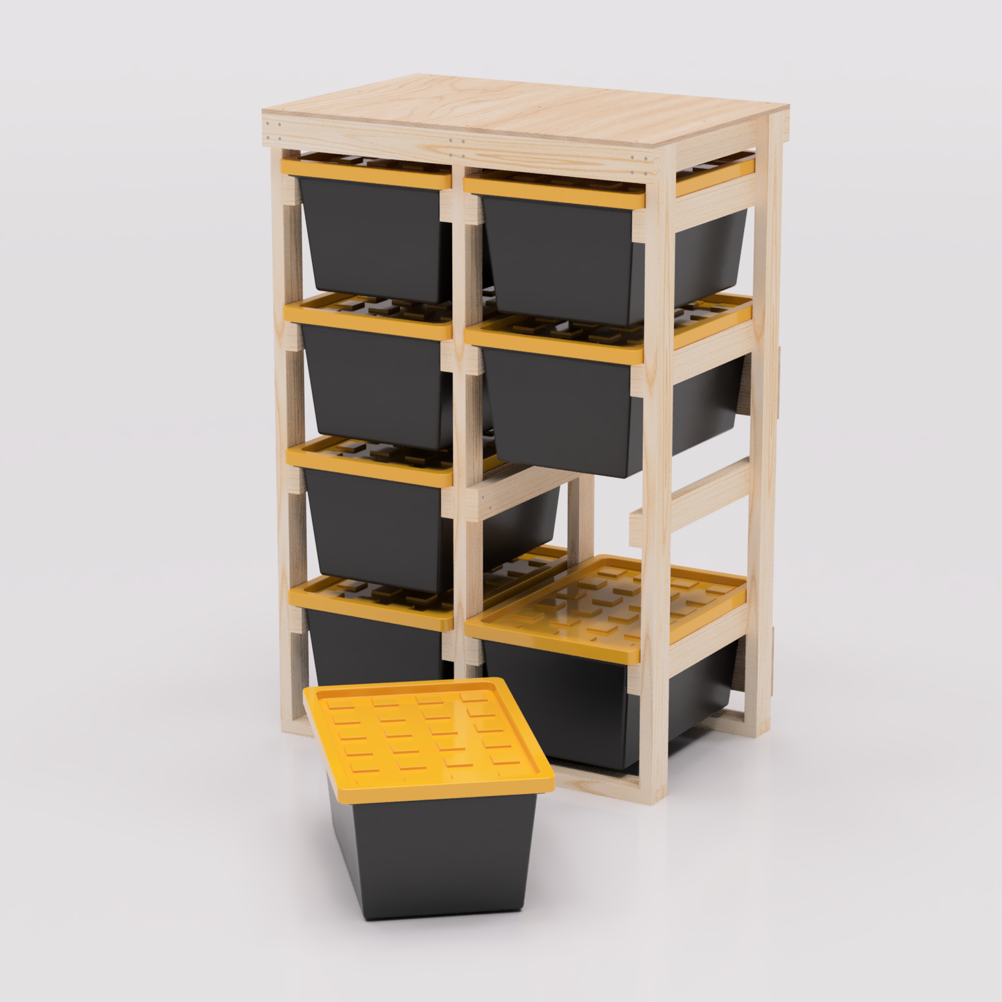 27 gallon tote storage rack plans for garage storage with shelf plans. Easy to assemble with basic tools. Plans are compatible with 27 gallon totes sold at lowes, sams club, home depot, costco, menards 2x4 model shown