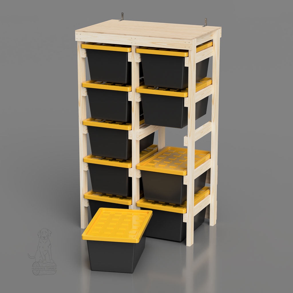 27 gallon tote rack that holds 2 stacks of 5 totes.