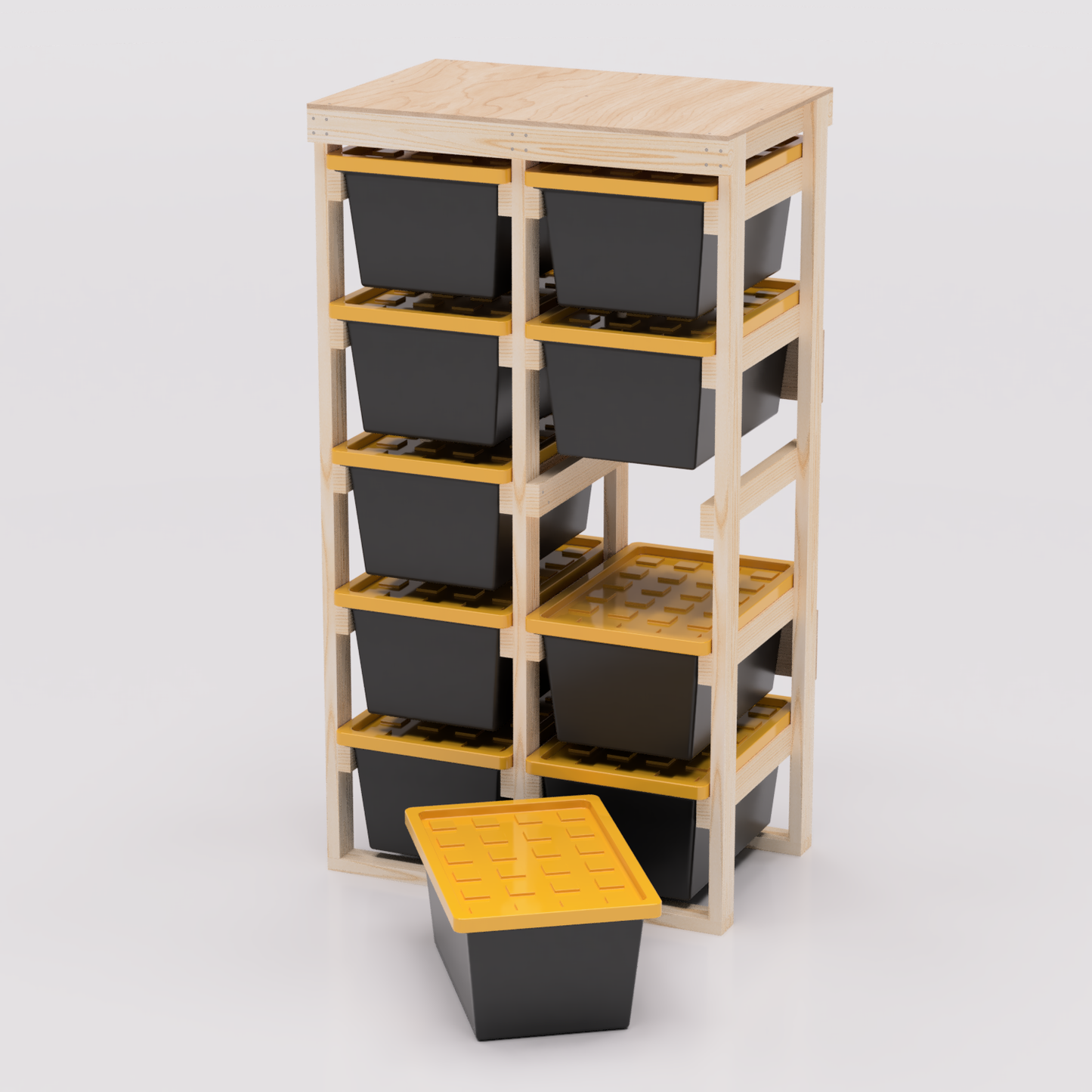 27 gallon tote storage rack plans for garage storage with shelf plans. Easy to assemble with basic tools. Plans are compatible with 27 gallon totes sold at lowes, sams club, home depot, costco, menards 2x5 model shown