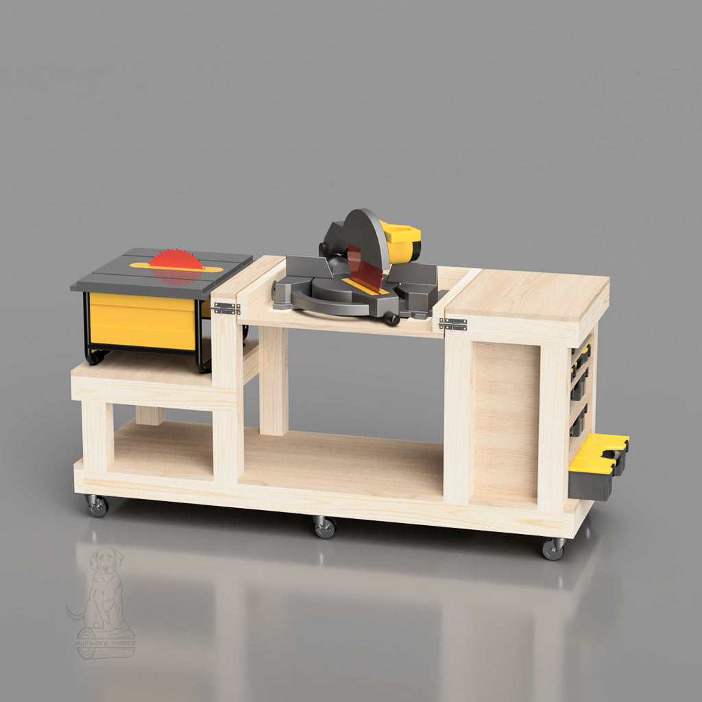front view of flip top workbench. table saw out feed combined with miter saw
