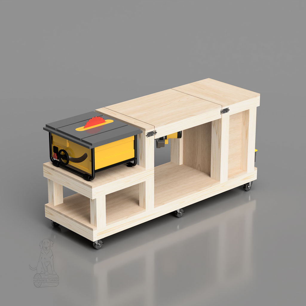table saw out feed setup shown with miter saw in stored position
