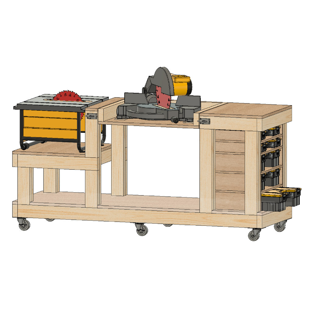 front angle view showing all tools on flip top workbench