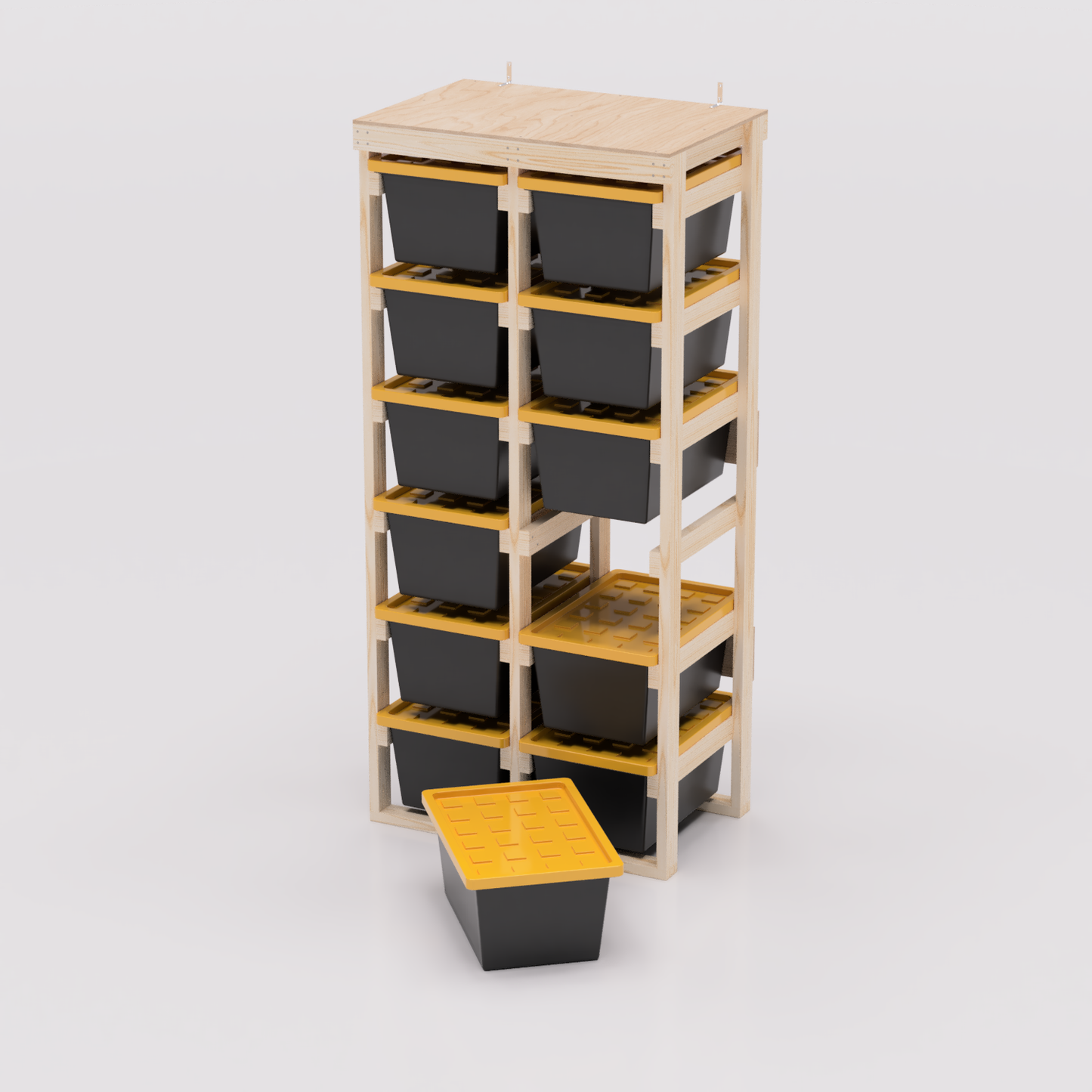 27 gallon tote storage rack plans for garage storage with shelf plans. Easy to assemble with basic tools. Plans are compatible with 27 gallon totes sold at lowes, sams club, home depot, costco, menards 2x6 model shown