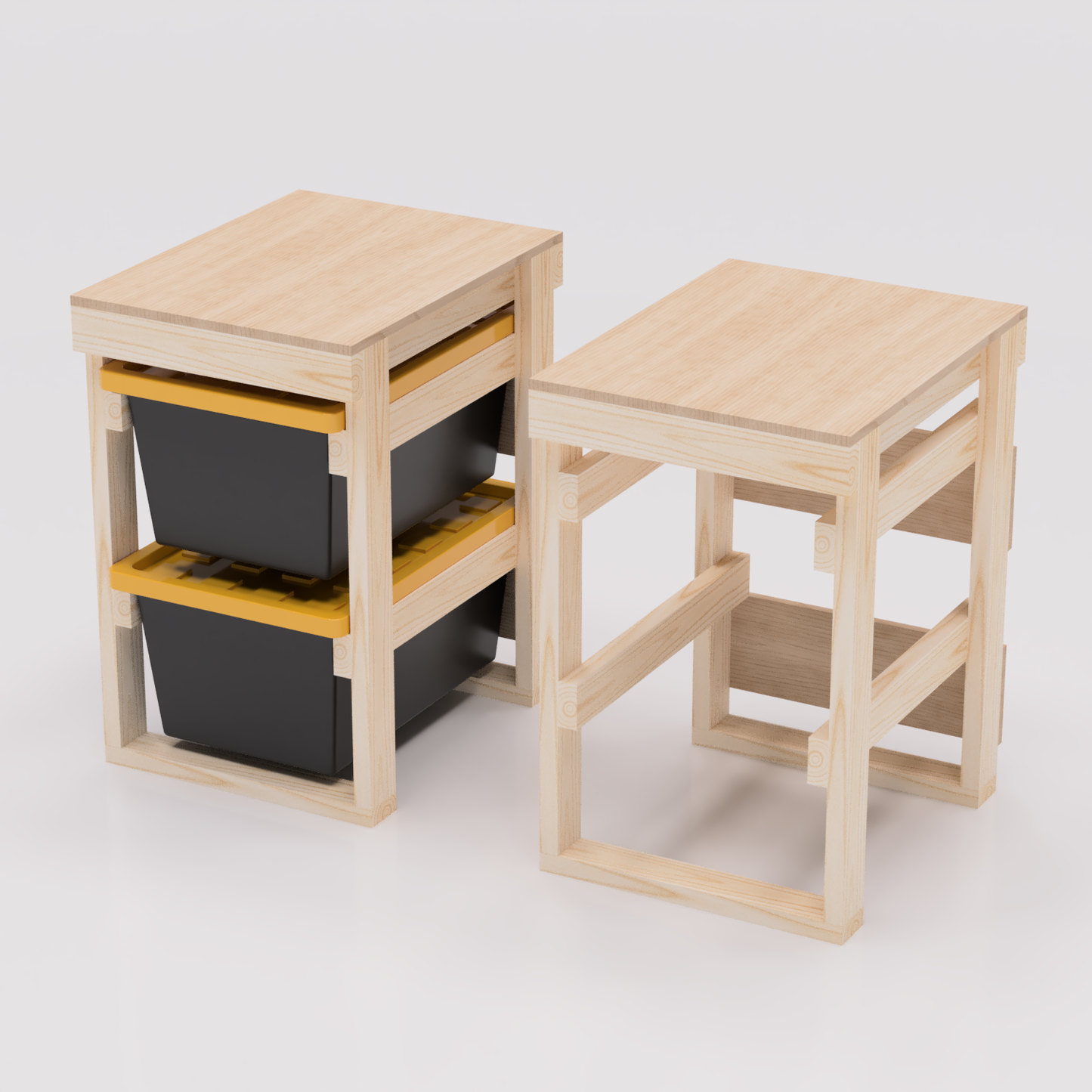 1x2 27 gallon tote storage workbench pdf plans that hold 2 totes each. Compatible with most brands including Lowes, Home Depot, Costco, Sams, Menards, etc. Set of 2 shown, one with totes and a second with them removed.