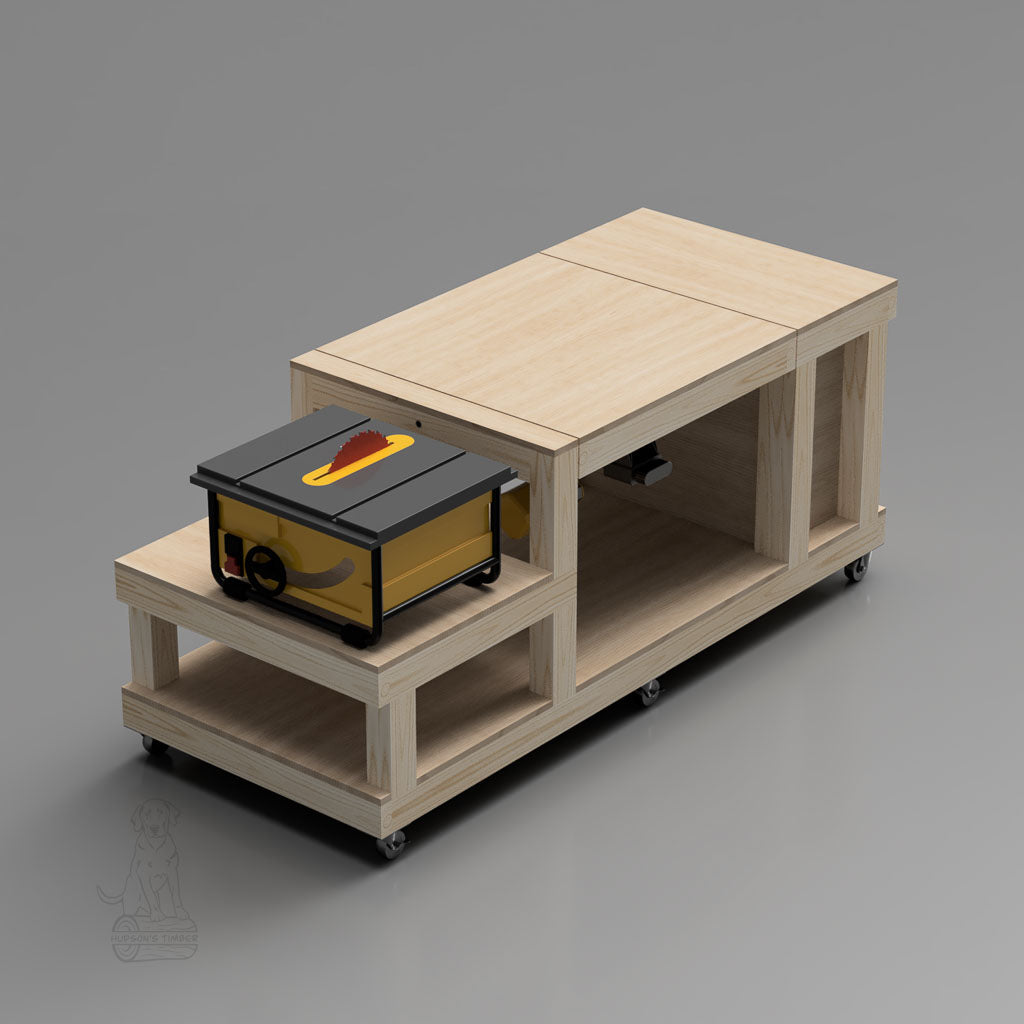 flip top workbench setup as table saw out feed