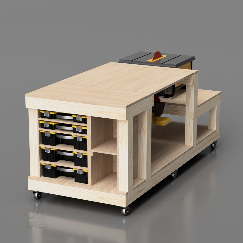 flip top workbench setup as table saw out feed. angle showing small parts storage