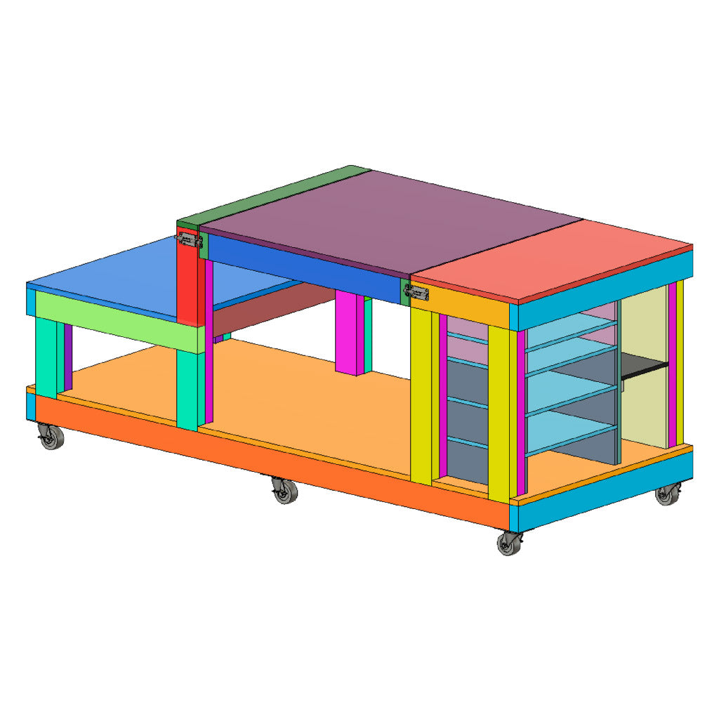 flip top workbench parts view colored by piece