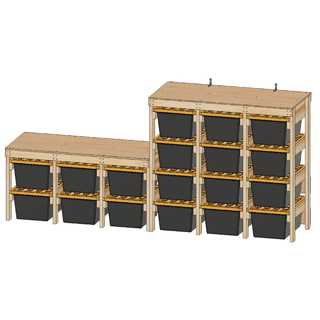angled view of tote rack workbench plan