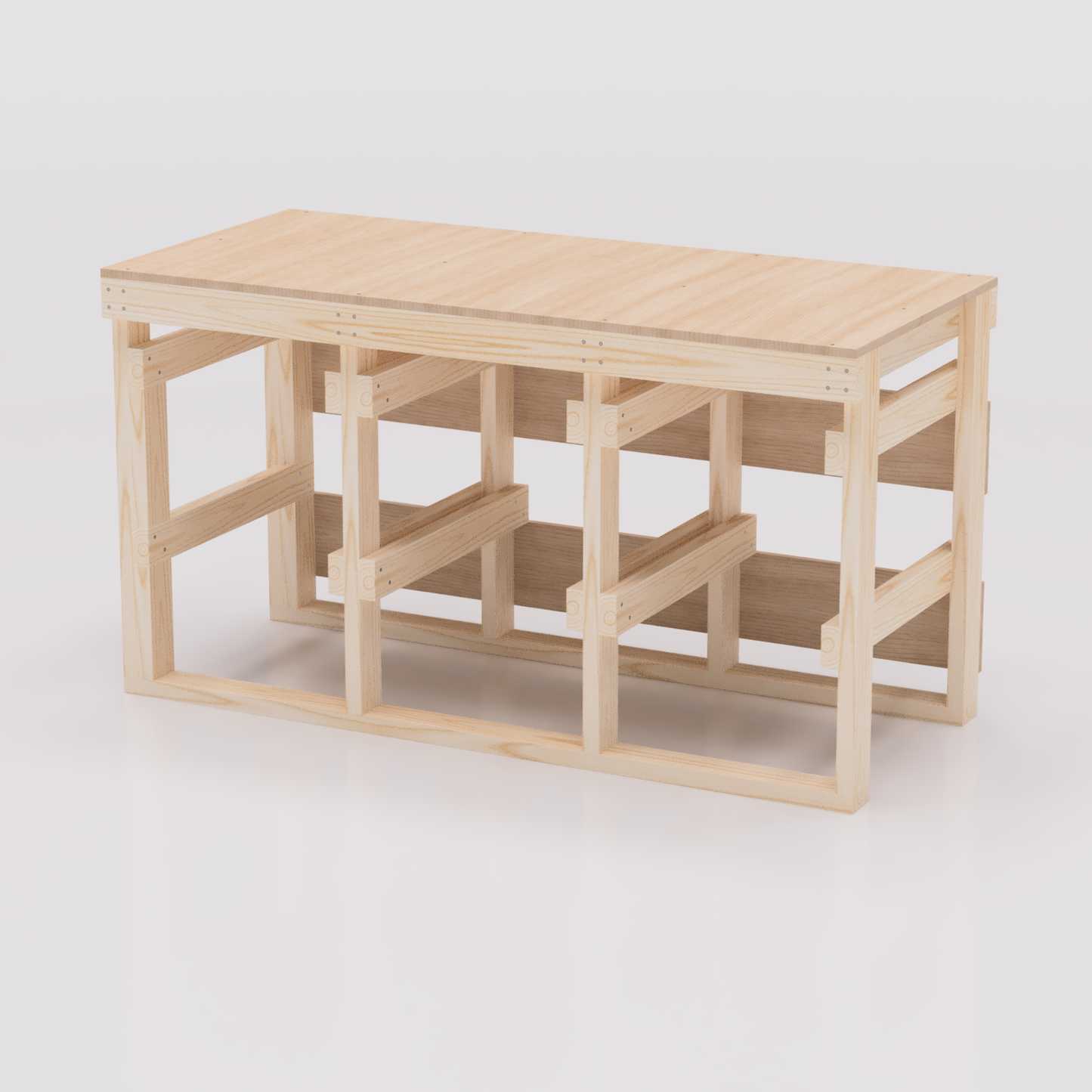 3x2 27 gallon tote storage workbench pdf plans that hold 6 totes. Compatible with most brands including Lowes, Home Depot, Costco, Sams, Menards, etc. Empty Workbench shown with totes removed