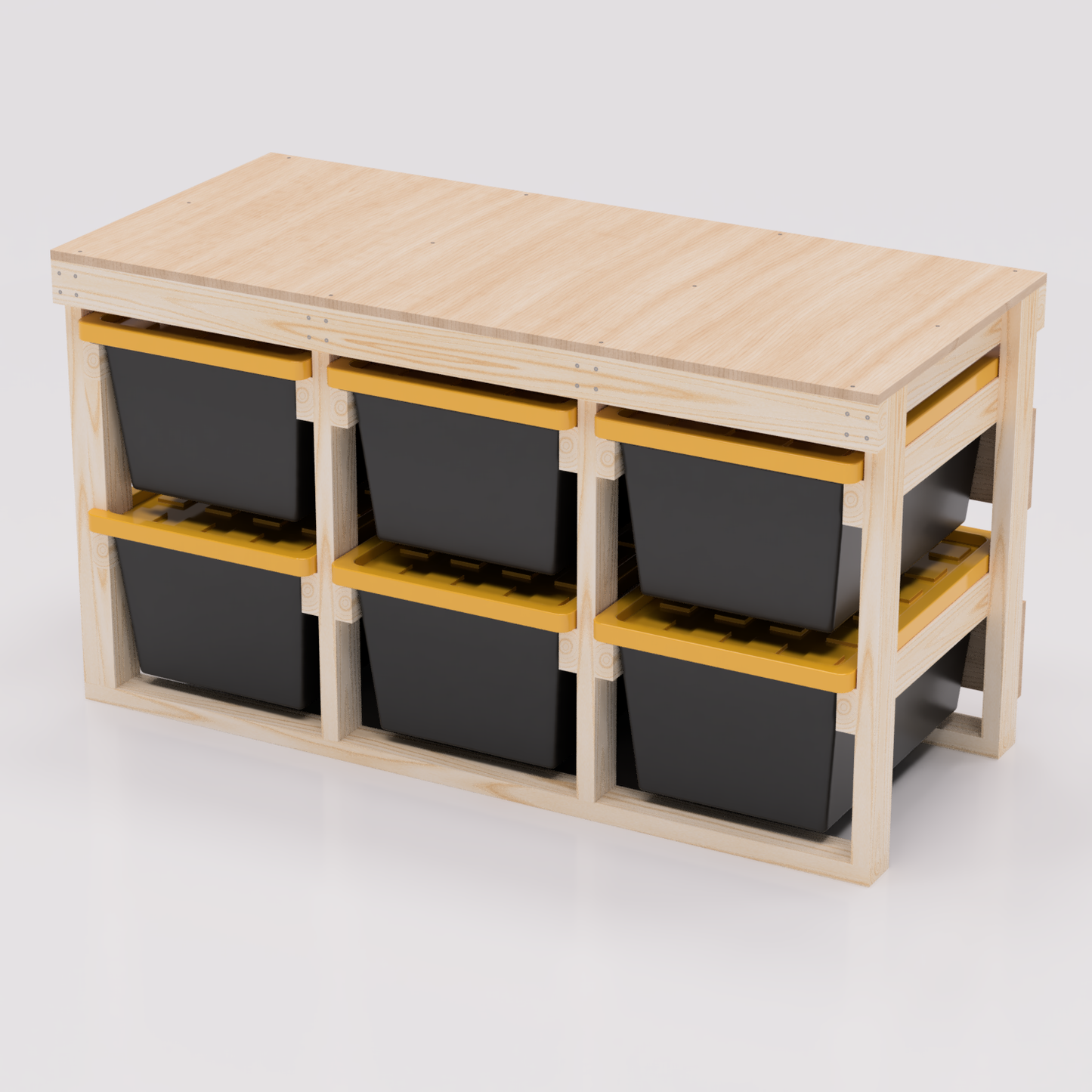 3x2 27 gallon tote storage workbench pdf plans that hold 6 totes. Compatible with most brands including Lowes, Home Depot, Costco, Sams, Menards, etc.
