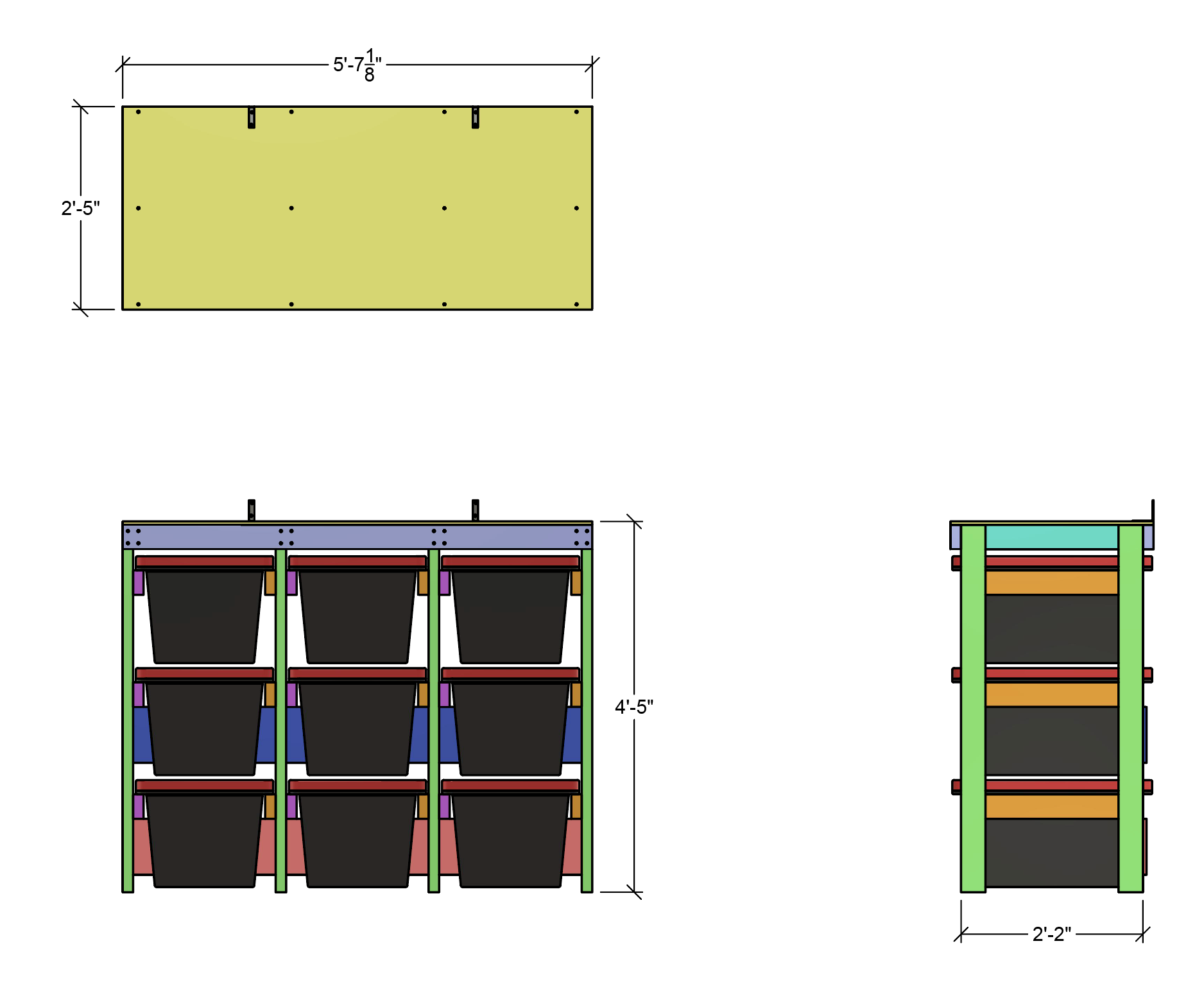 Dimensions for 3 wide by 3 tall tote rack