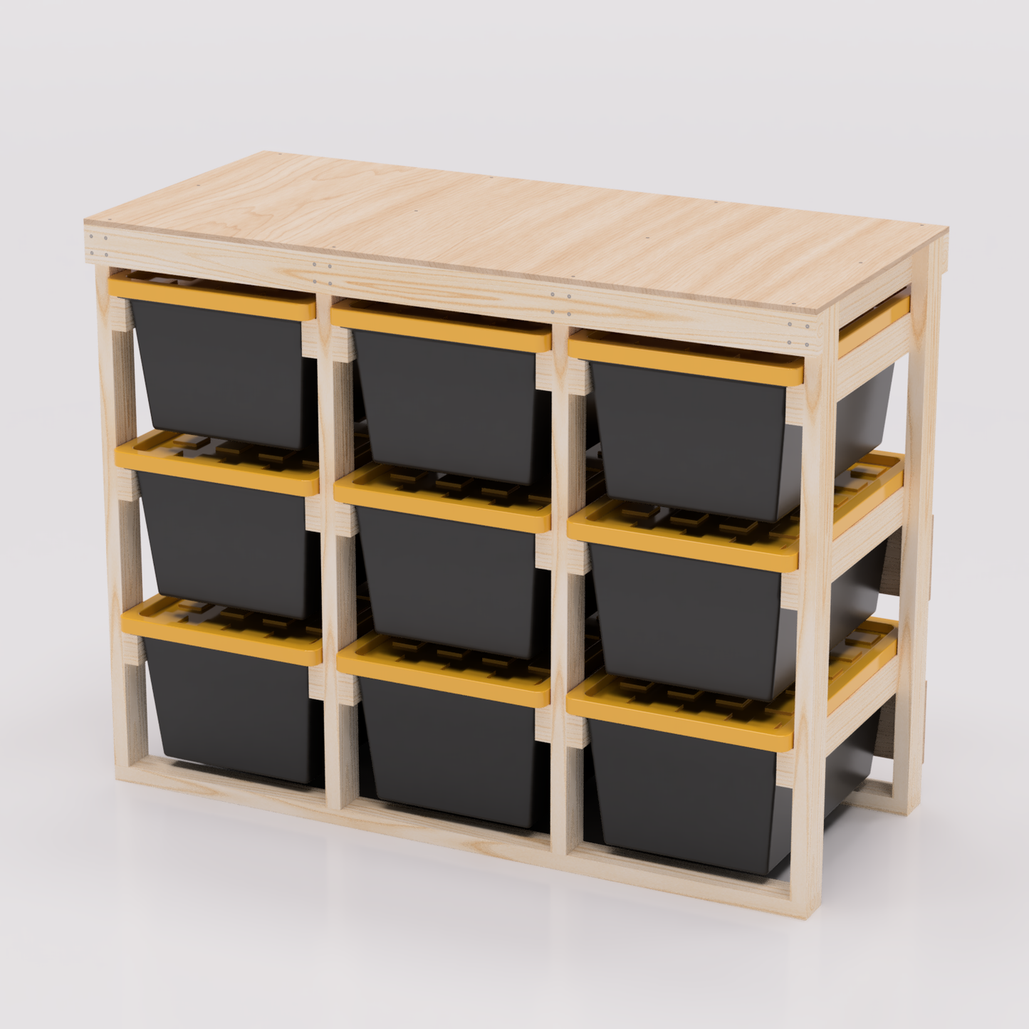 27 gallon tote storage rack plans for garage storage with shelf plans. Easy to assemble with basic tools. Plans are compatible with 27 gallon totes sold at lowes, sams club, home depot, costco, menards 3x3 model shown