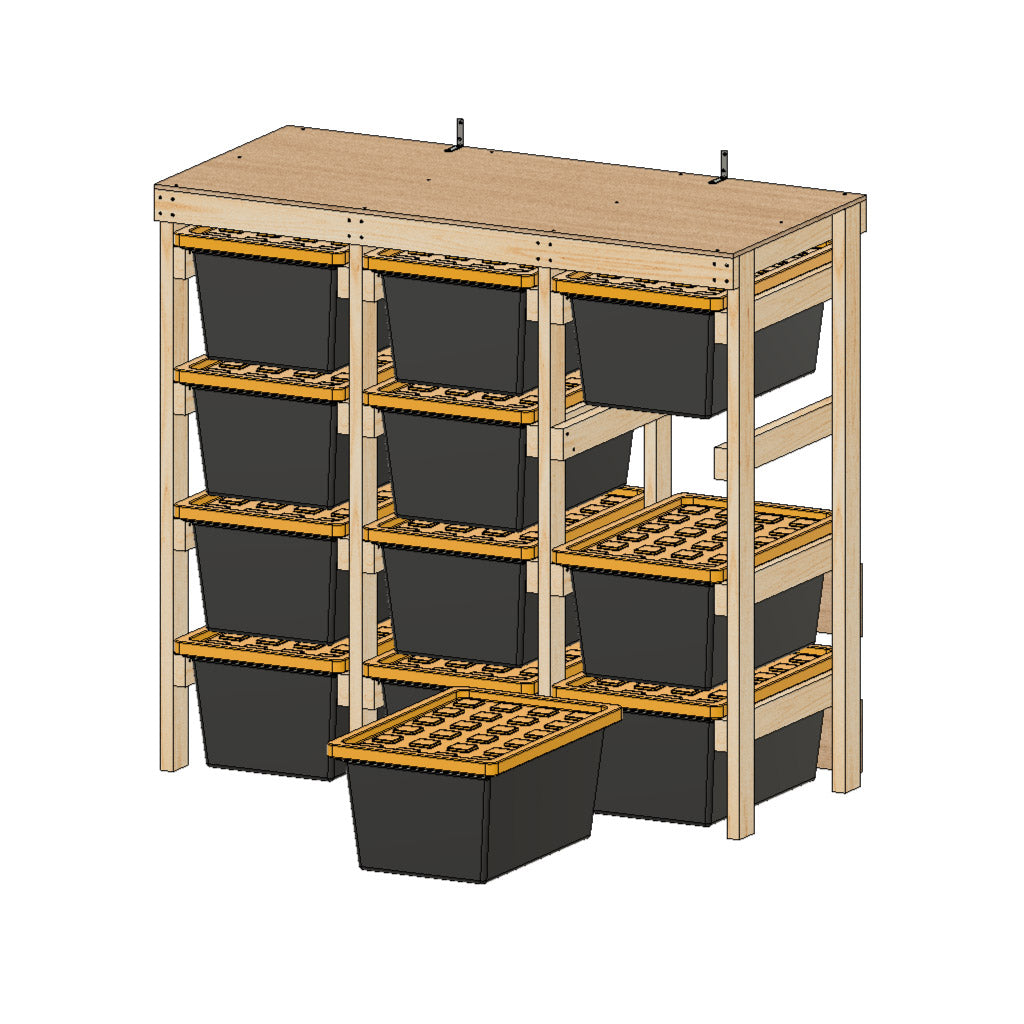 diy tote rack for 27 gallon totes made from 2x4's and 1 sheet of plywood