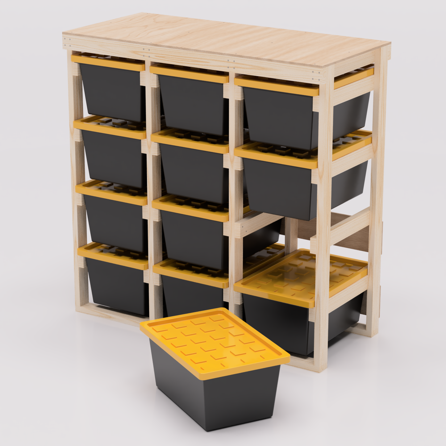 27 gallon tote storage rack plans for garage storage with shelf plans. Easy to assemble with basic tools. Plans are compatible with 27 gallon totes sold at lowes, sams club, home depot, costco, menards 3x4 model shown