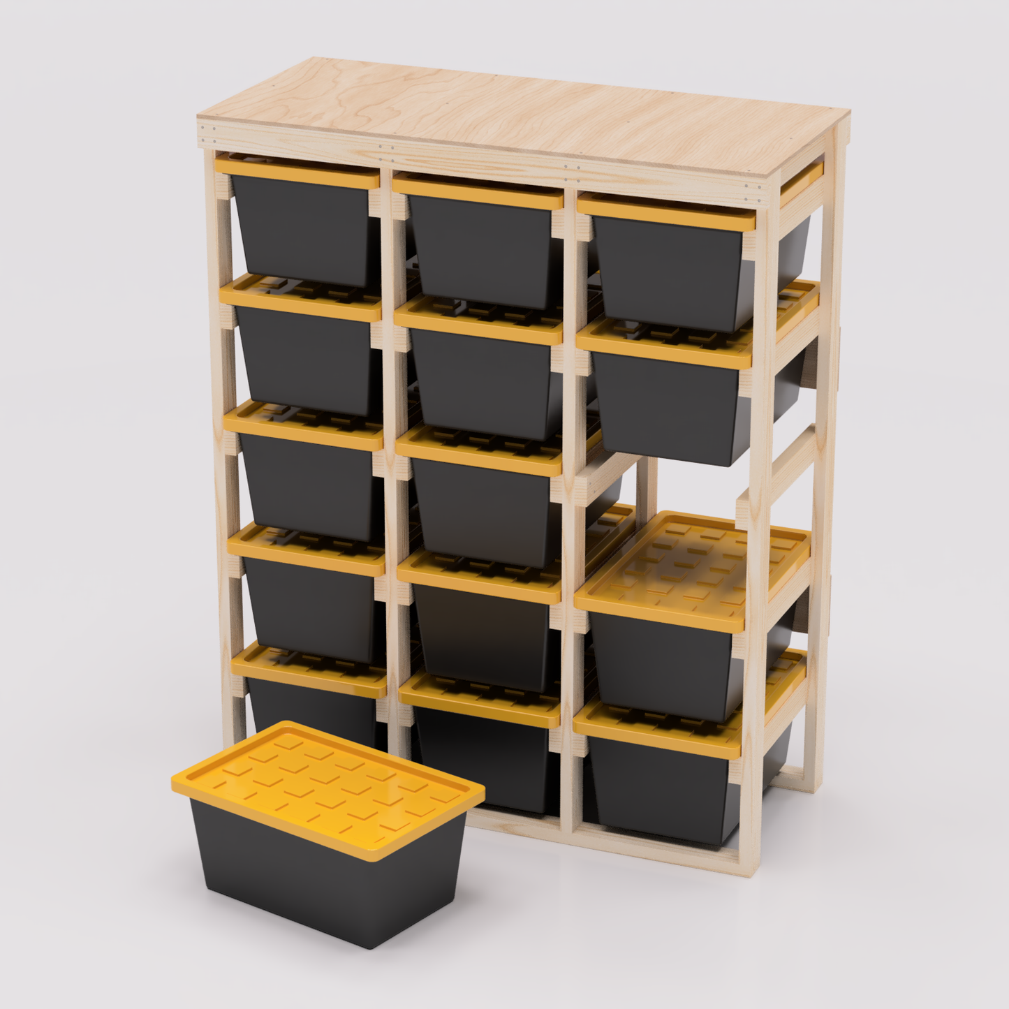 27 gallon tote storage rack plans for garage storage with shelf plans. Easy to assemble with basic tools. Plans are compatible with 27 gallon totes sold at lowes, sams club, home depot, costco, menards 3x5 model shown