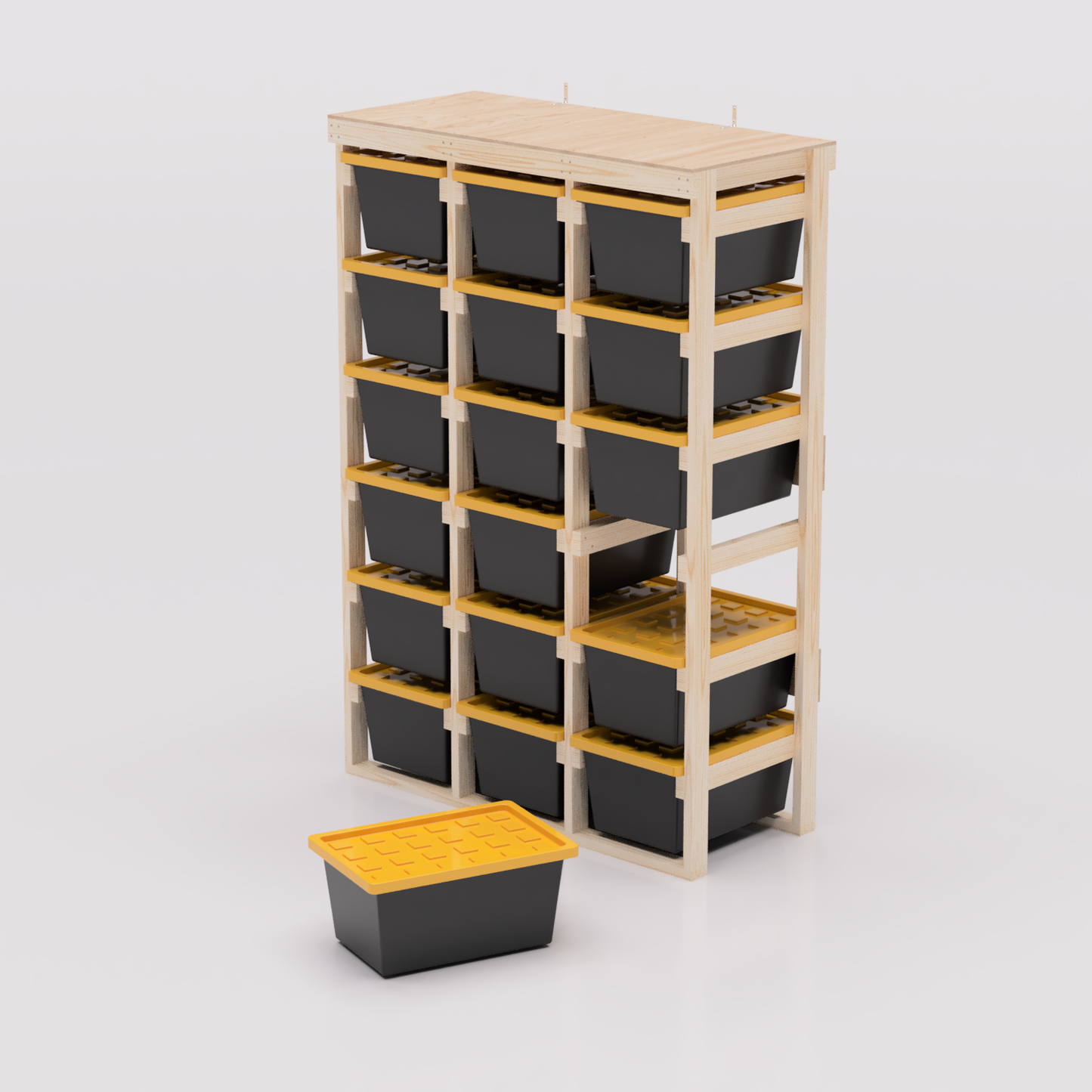 27 gallon tote storage rack plans for garage storage with shelf plans. Easy to assemble with basic tools. Plans are compatible with 27 gallon totes sold at lowes, sams club, home depot, costco, menards 3x6 model shown