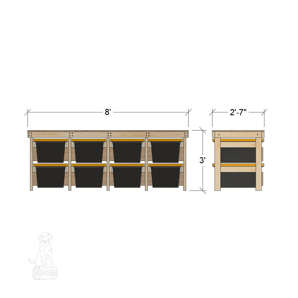 dimensions for tote rack workbench holding 8 totes