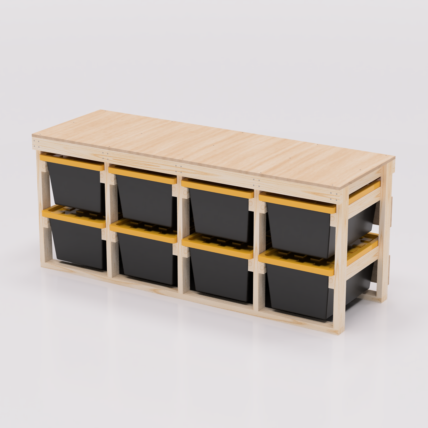 4x2 27 gallon tote storage workbench pdf plans that hold 8 totes. Compatible with most brands including Lowes, Home Depot, Costco, Sams, Menards, etc.