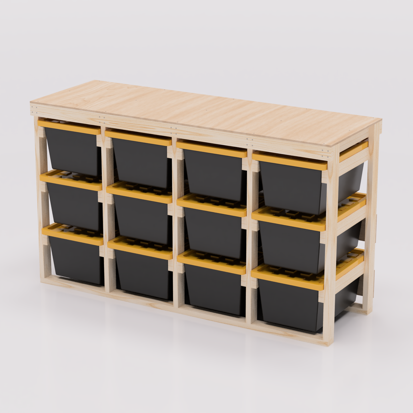 27 gallon tote storage rack plans for garage storage with shelf plans. Easy to assemble with basic tools. Plans are compatible with 27 gallon totes sold at lowes, sams club, home depot, costco, menards 4x3 model shown