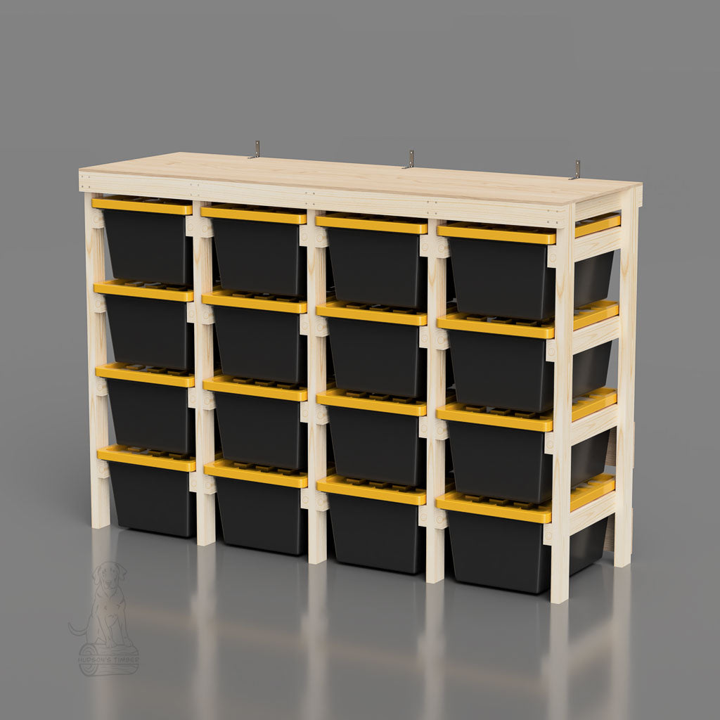 pdf plans for 27 gallon tote rack made from 2x4's and 1 sheet of plywood