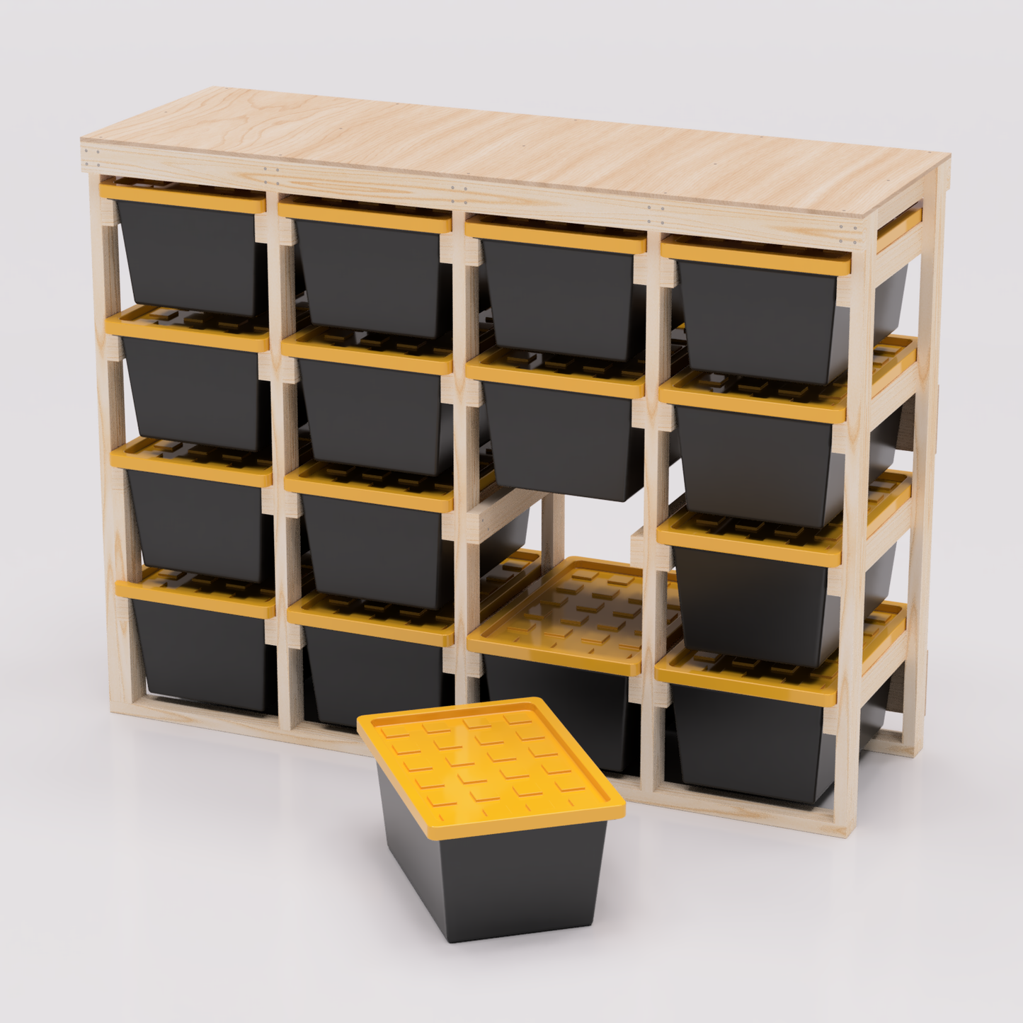 27 gallon tote storage rack plans for garage storage with shelf plans. Easy to assemble with basic tools. Plans are compatible with 27 gallon totes sold at lowes, sams club, home depot, costco, menards 4x4 model shown