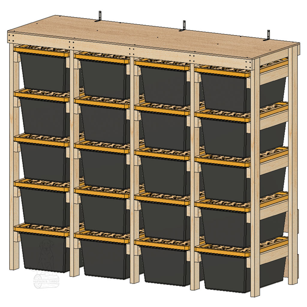 angled view of tote rack design with tip brackets