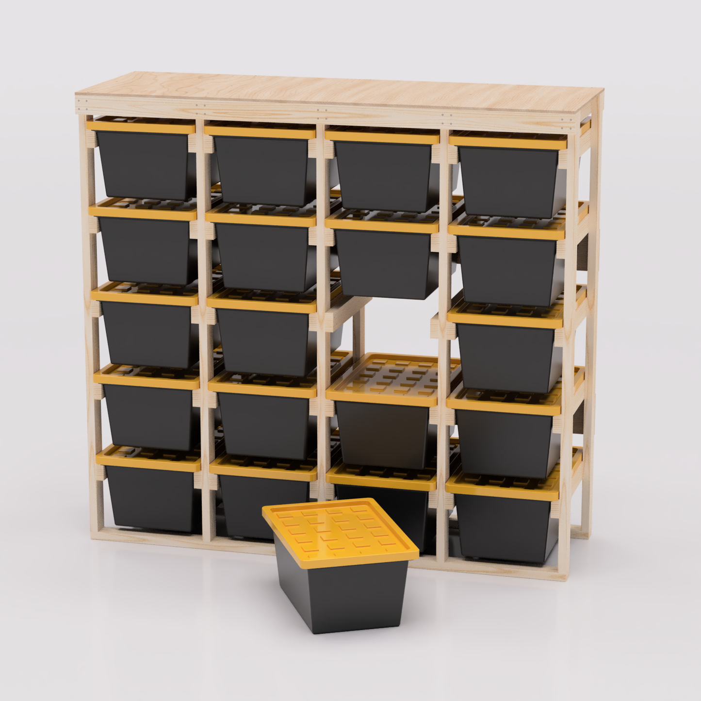 27 gallon tote storage rack plans for garage storage with shelf plans. Easy to assemble with basic tools. Plans are compatible with 27 gallon totes sold at lowes, sams club, home depot, costco, menards 4x5 model shown