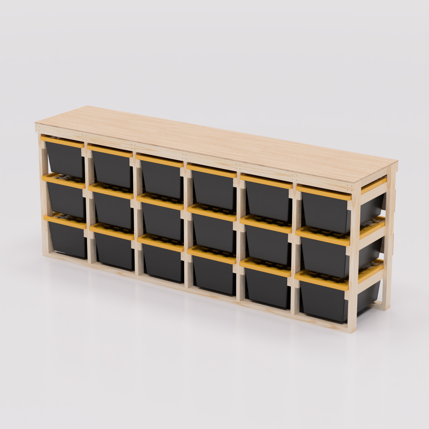 27 gallon tote storage rack plans for garage storage with shelf plans. Easy to assemble with basic tools. Plans are compatible with 27 gallon totes sold at lowes, sams club, home depot, costco, menards 6x3 model shown
