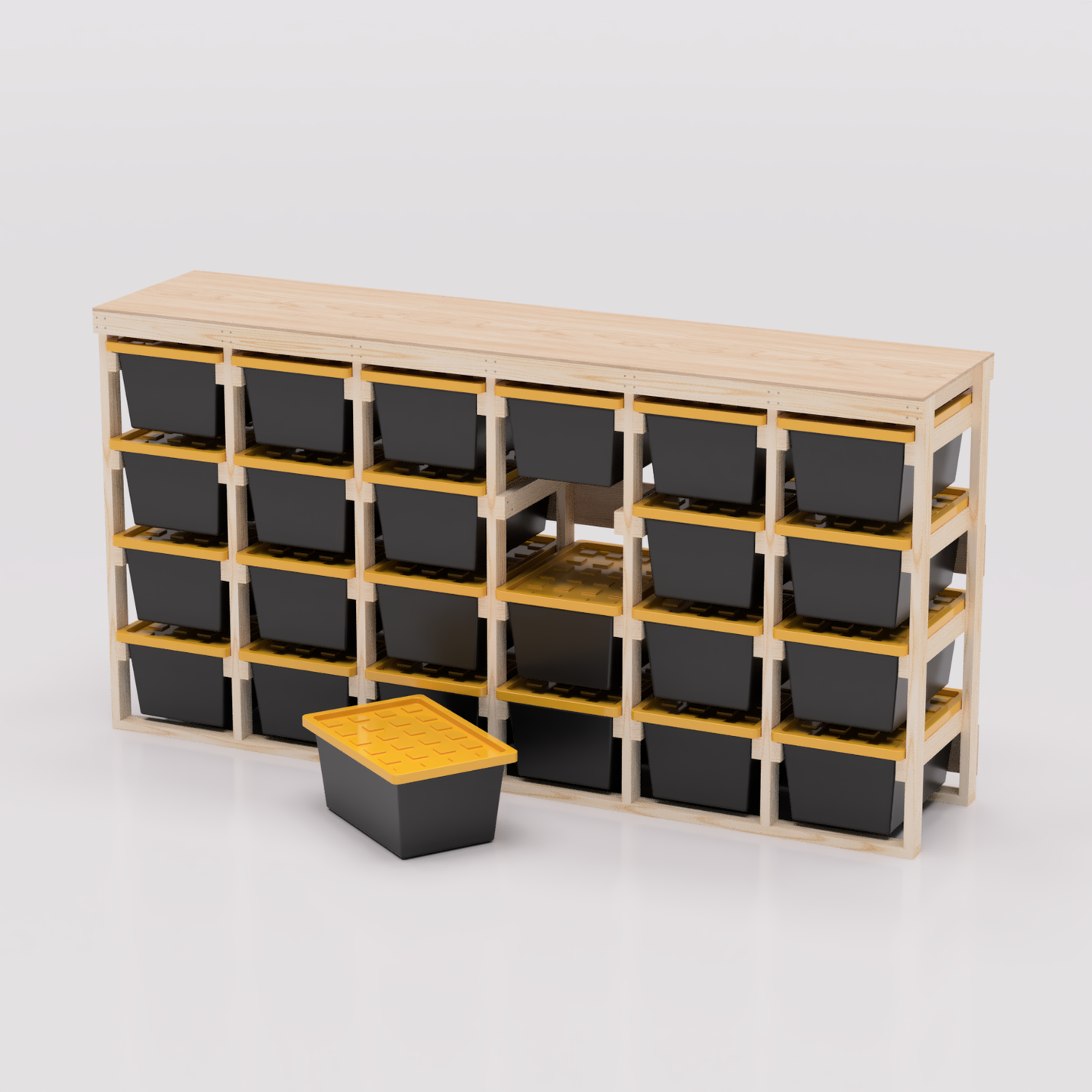 27 gallon tote storage rack plans for garage storage with shelf plans. Easy to assemble with basic tools. Plans are compatible with 27 gallon totes sold at lowes, sams club, home depot, costco, menards 6x4 model shown
