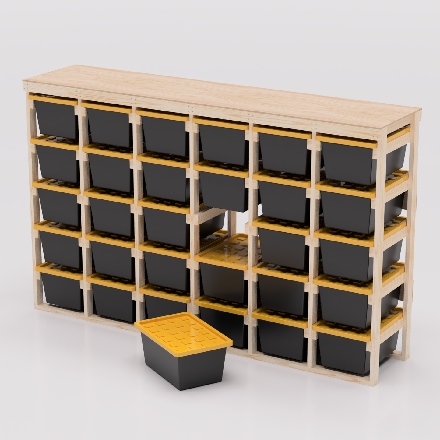 27 gallon tote storage rack plans for garage storage with shelf plans. Easy to assemble with basic tools. Plans are compatible with 27 gallon totes sold at lowes, sams club, home depot, costco, menards 6x5 model shown