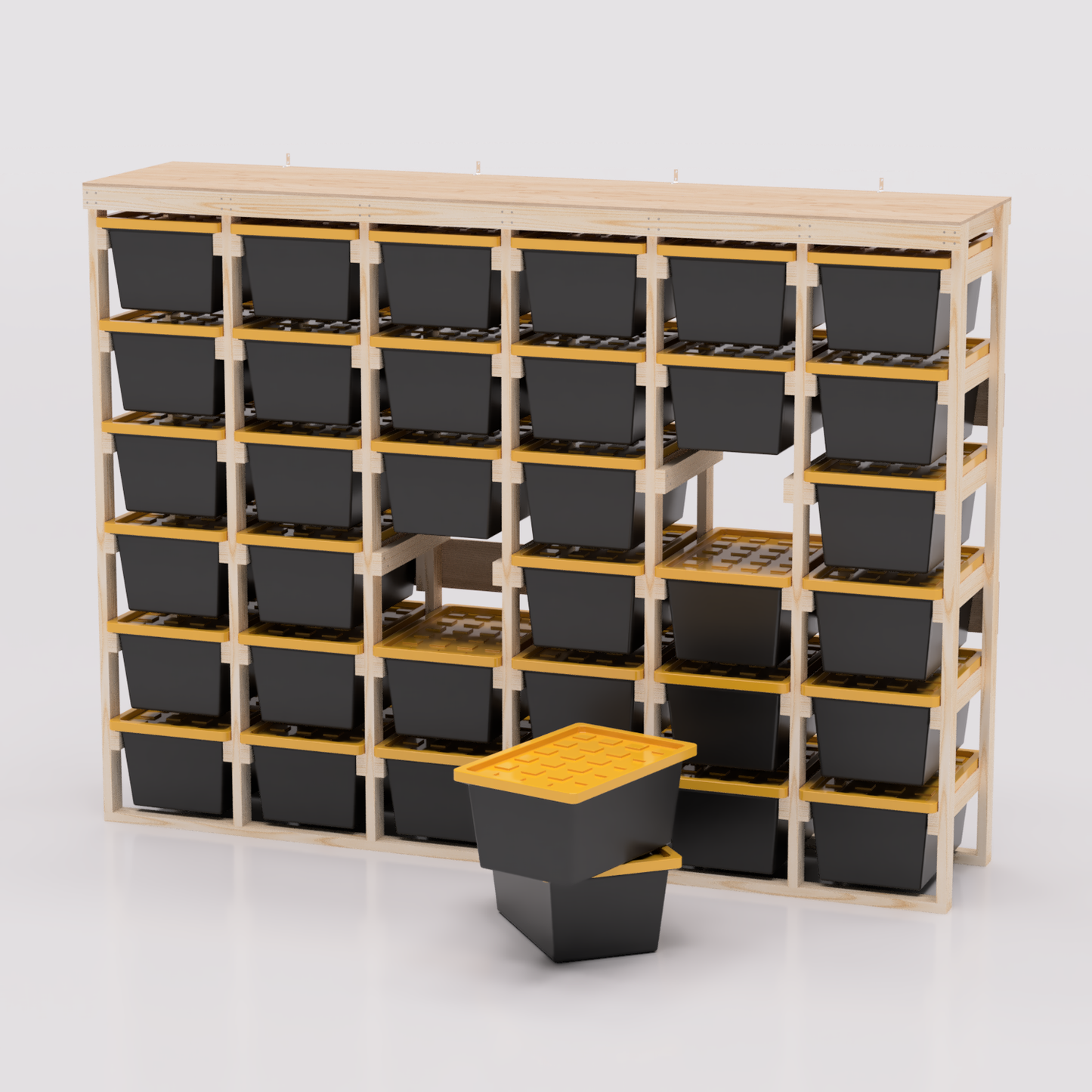 27 gallon tote storage rack plans for garage storage with shelf plans. Easy to assemble with basic tools. Plans are compatible with 27 gallon totes sold at lowes, sams club, home depot, costco, menards 6x6 model shown