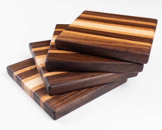 Striped Walnut, Maple, Cherry Hardwood Coaster Set