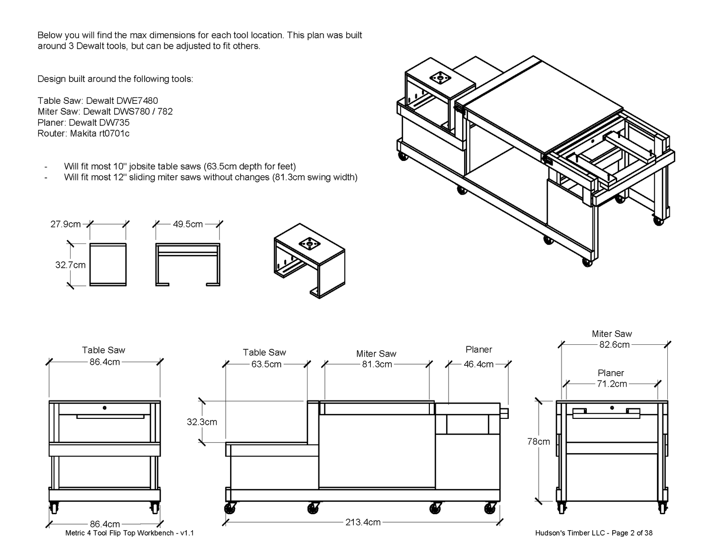 Mobile Flip Top workbench that holds table saw, miter saw, planer, router. Available in imperial and metric. Dimensions shown in centimeters