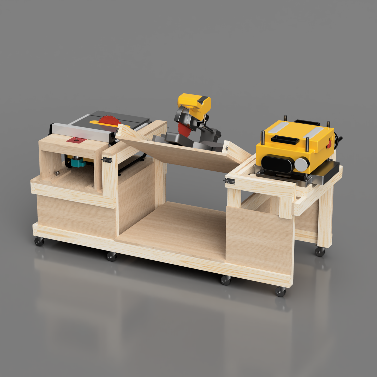 Mobile Flip Top workbench that holds table saw, miter saw, planer, router. Available in imperial and metric. Shown with miter half flipped