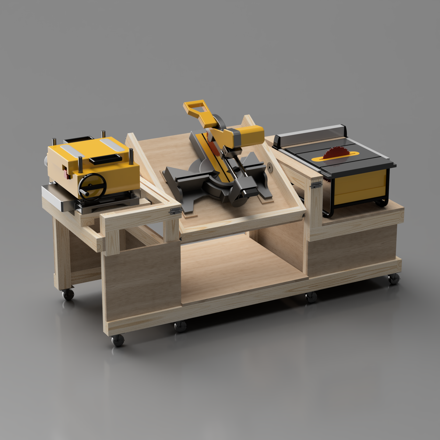Mobile Flip Top workbench that holds table saw, miter saw, planer, router. Available in imperial and metric. Shown with all tools up
