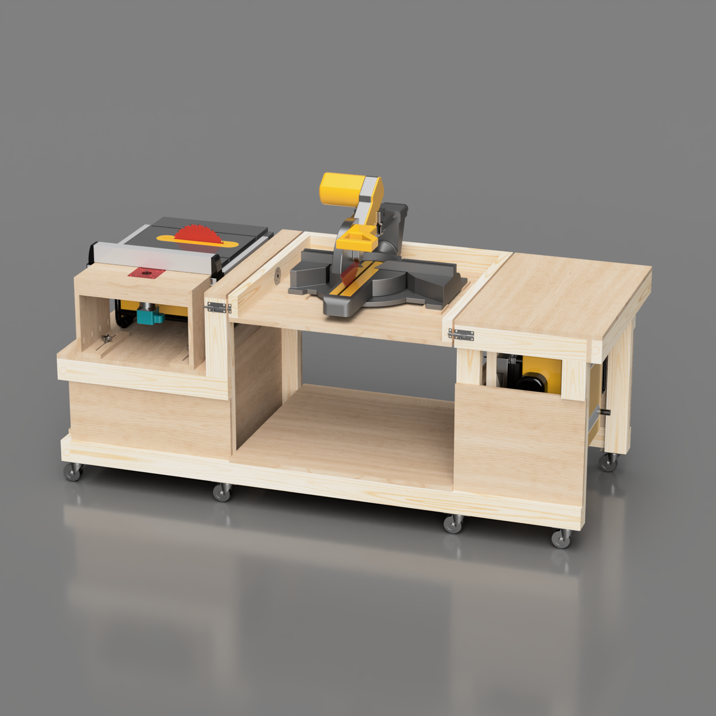 Mobile Flip Top workbench that holds table saw, miter saw, planer, router. Available in imperial and metric