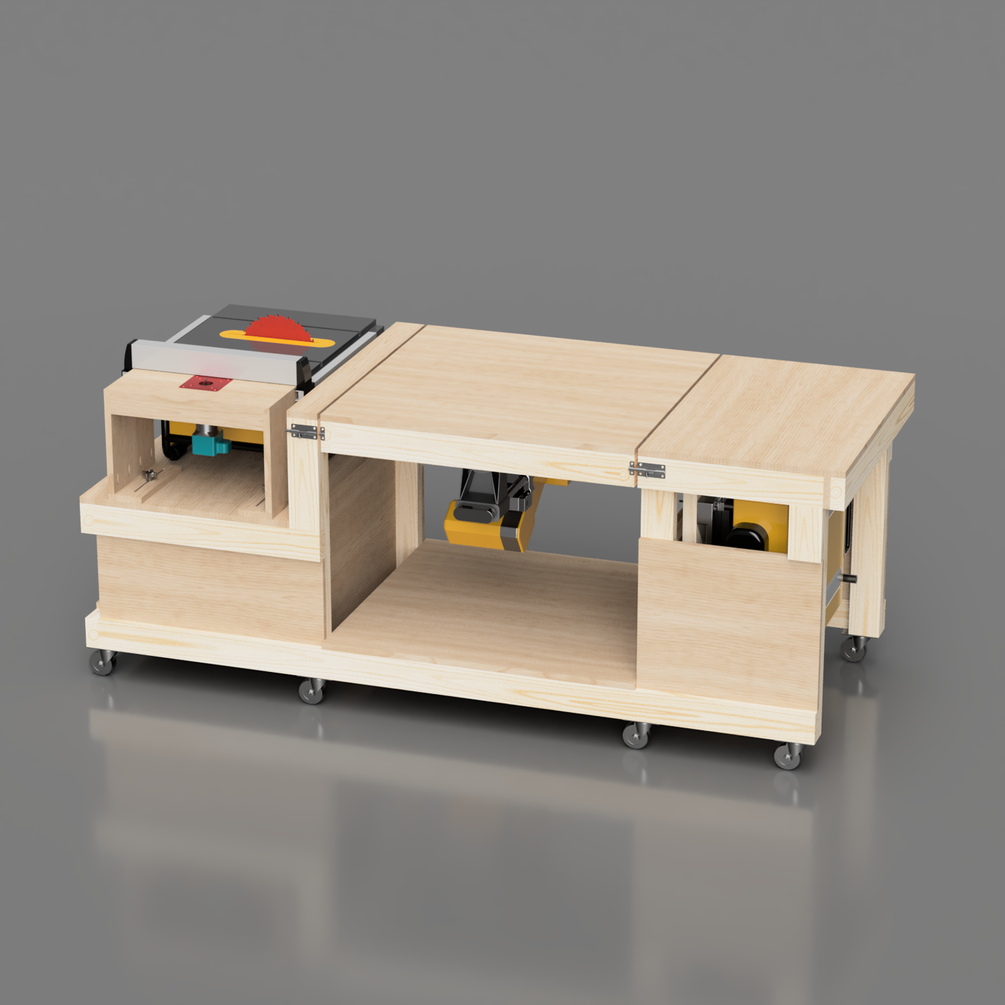 Mobile Flip Top workbench that holds table saw, miter saw, planer, router. Available in imperial and metric. Shown with miter turned down