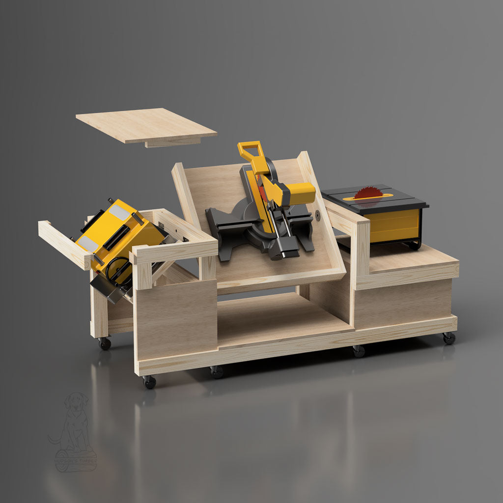 back side view of 3 tool flip top workbench showing movable tools