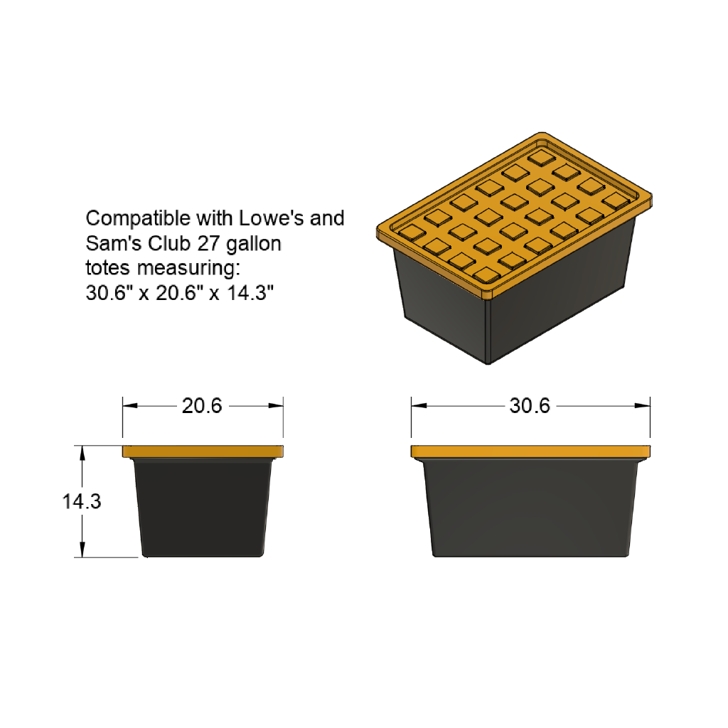 Dimensions shown for tote on 3 different views